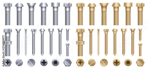 Creative vector illustration of steel brass bolts, metal screws, iron nails, rivets, washers, nuts hardware side view isolated on transparent background. Art design abstract concept graphic element