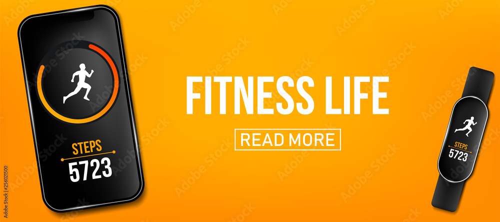 Φωτογραφία Creative vector illustration of fitness counter run app in phone and wrist band bracelet, activity tracker isolated on background