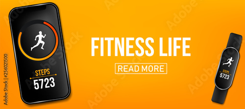 Creative vector illustration of fitness counter run app in phone and wrist band bracelet, activity tracker isolated on background. Art design smartphone template. Abstract concept graphic element