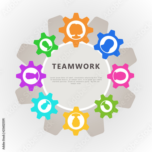 Teamwork concept with cogwheel and people icon avatar. Banner design for business analysis, project management and cooperation. Flat vector illustration
