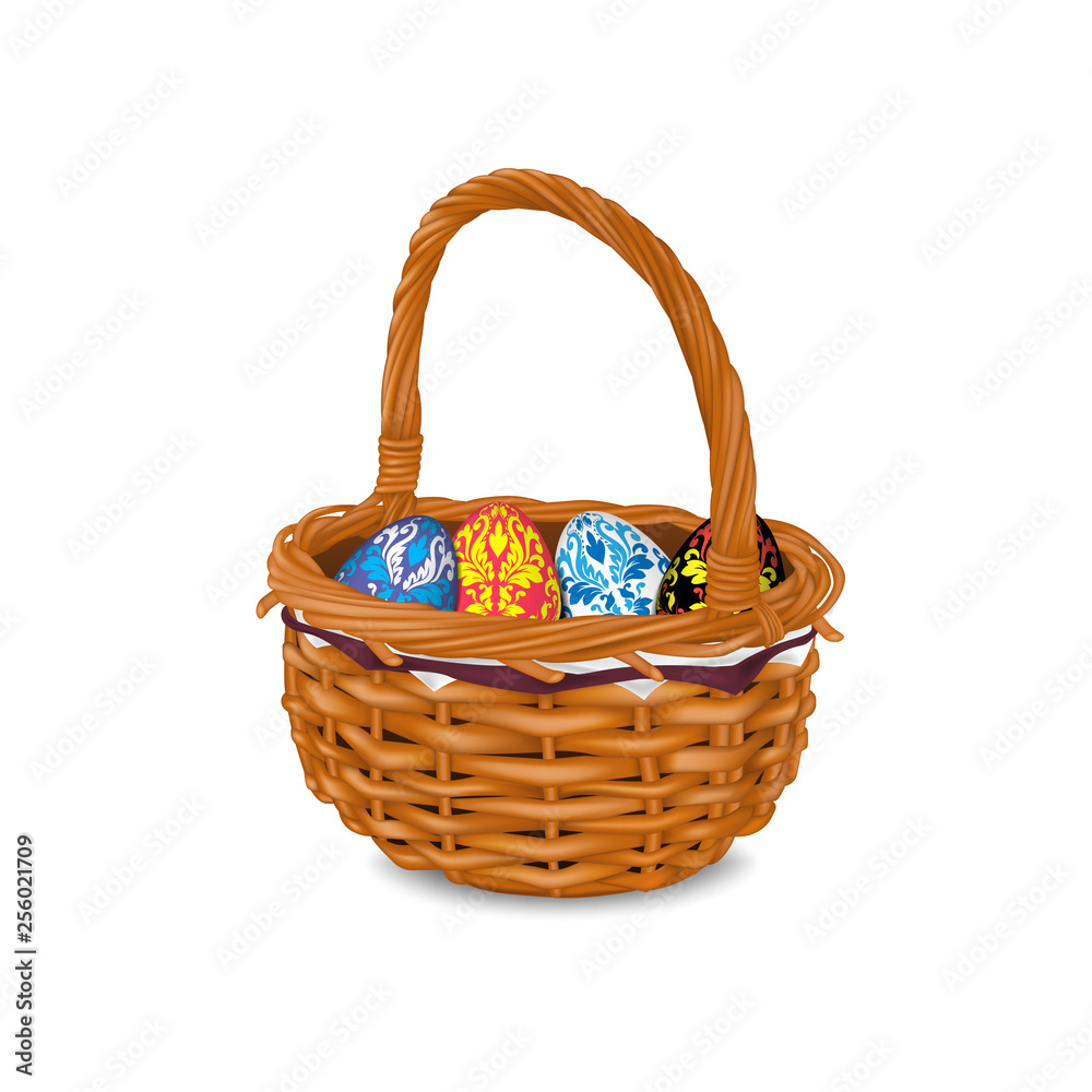 Wicker basket with easter eggs inside isolated on white background Wicker basket with easter eggs inside isolated on white background
