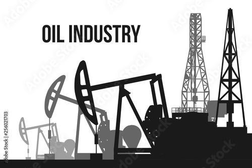 Creative vector illustration of oil pump industry silhouette, field pumpjack, rig drill over sunset isolated on background. Art design template. Abstract concept graphic equipment element