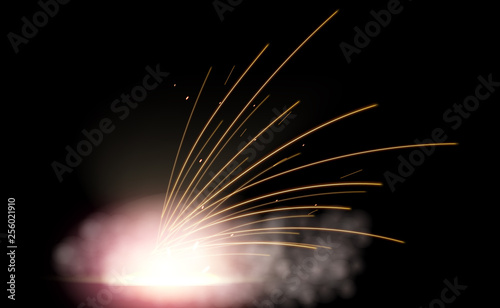 Creative vector illustration flash of electric welding metal fire with sparks isolated on transparent background. Art design during iron cutting template. Abstract concept graphic weld element