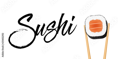 Creative vector illustration of chopsticks holding sushi salmon pieces roll isolated on transparent background. Art design snack template. Abstract concept restaurant, bar, shop menu graphic element