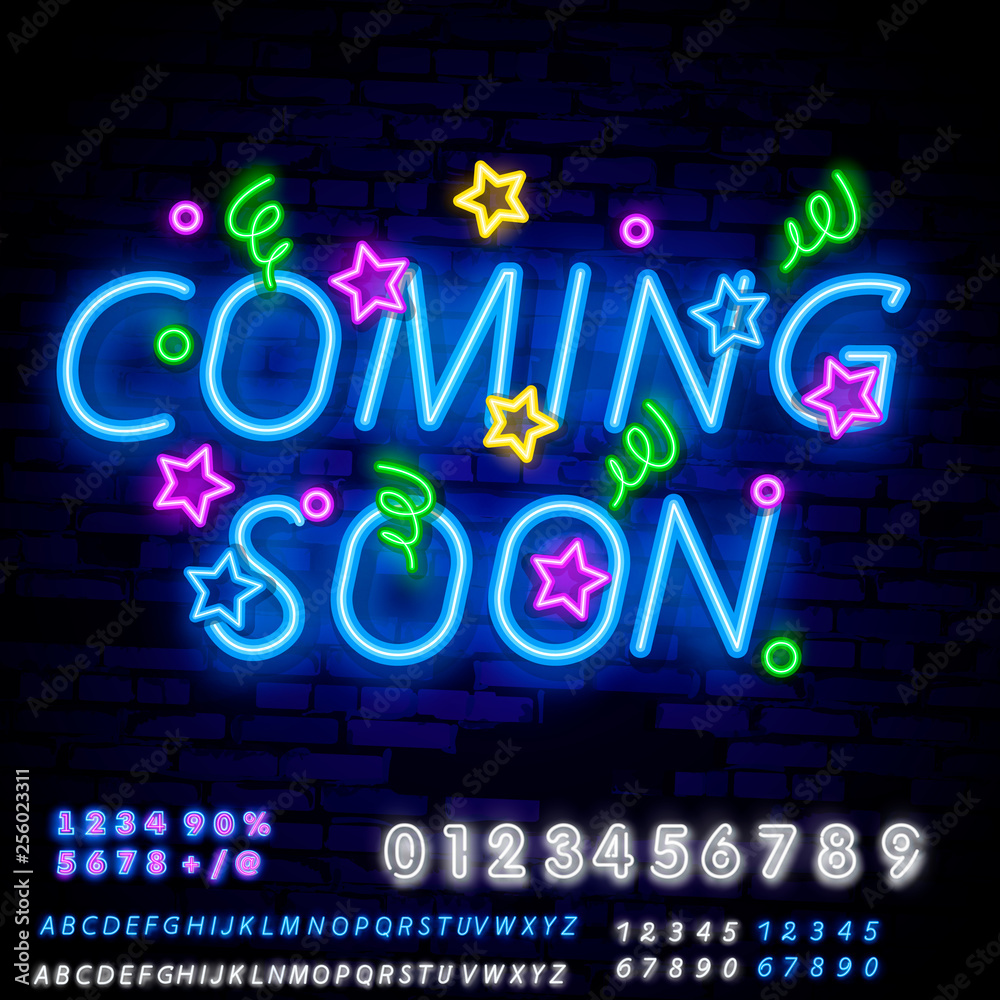 Coming Soon Neon Sign Vector with Brick Wall Background . Coming Soon Badge  in neon style design element light banner announcement neon signboard night  neon advensing. Editing Text Stock Vector | Adobe Stock