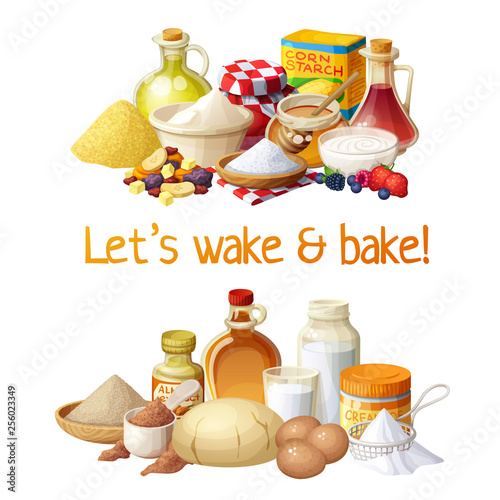 Ingredients for baking and cooking vector illustration. Food set with oils, milk, flour, sugar, eggs, cacao powder, cream, honey, corn