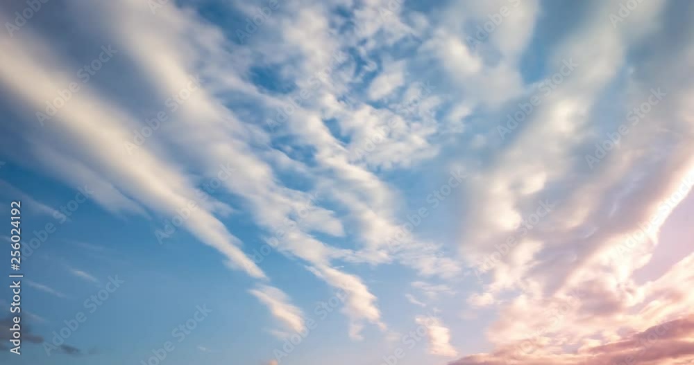 Blue sky background with tiny curly striped clouds in the evening. Clearing day and Good windy weather