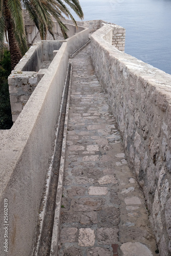 Defense walls of the old town of Dubrovnik, a well-preserved medieval fortress and a popular tourist destination, Croatia 