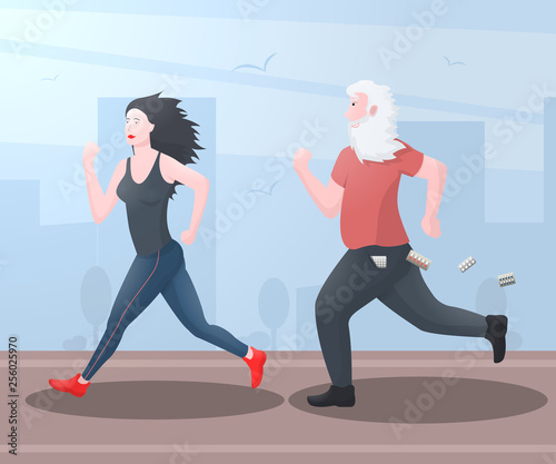 Funny old man (grandfather) runs for a beautiful running girl. From the pocket take off already unnecessary pills. Vector illustration.