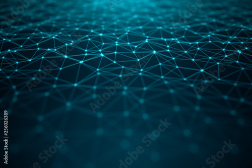 Data technology, abstract global network. Global connecting, network connection dots and lines on blue background. Transfer of big data consisting of connected points with lines, 3D illustration