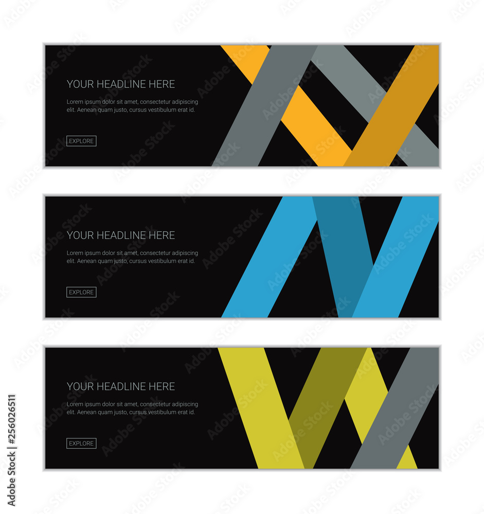 Web banner design template set consisting of abstract backgrounds made with geometric shapes flowing in three dimensional space in grey, orange and yellow colors. Modern, bright colored vector art.