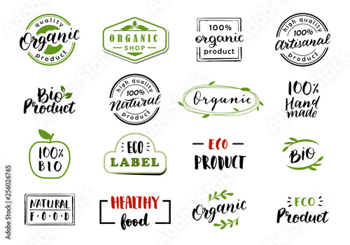 Hand drawn lettering and calligraphy for natural product logos, labels and icons. Collection of organic and bio elements. 