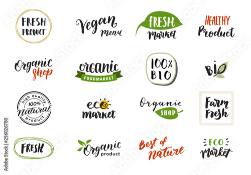 Hand drawn lettering and calligraphy for natural product logos, labels and icons. Collection of organic and bio elements. 