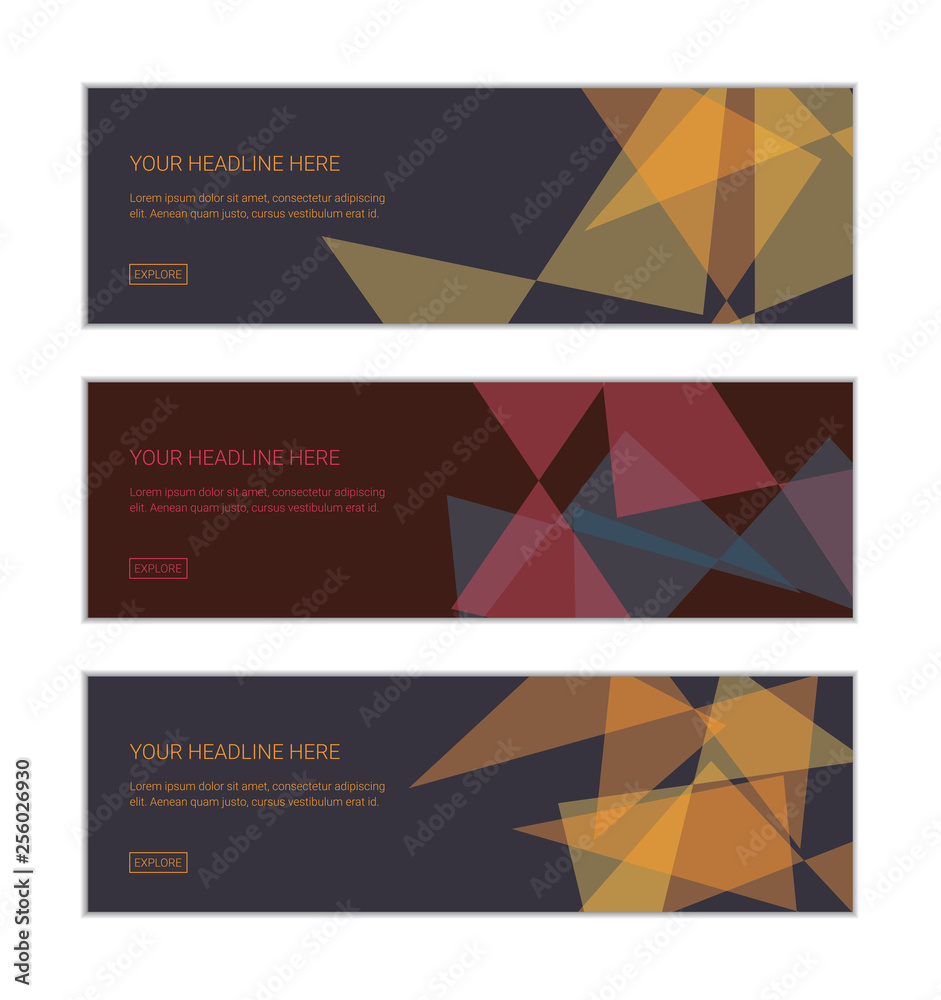 Web banner design template set consisting of abstract backgrounds made with transparent triangle shapes overlaying on each other. Modern and geometric vector art.