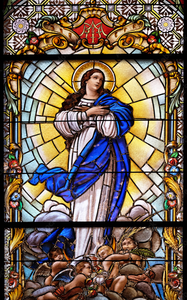 Virgin Mary, stained glass window in the Parish Church of the Visitation of the Virgin Mary in Zagreb, Croatia