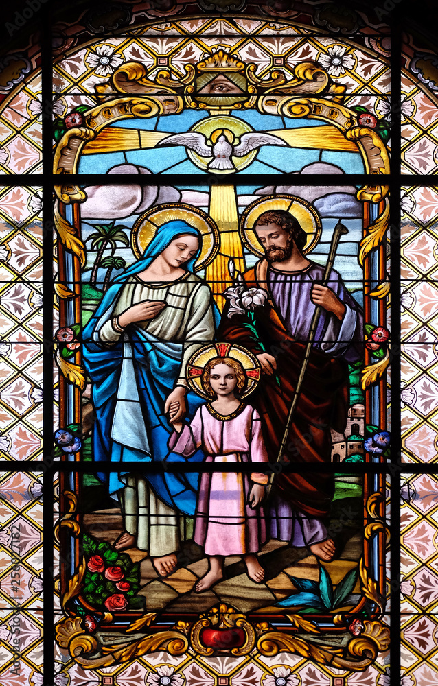 Holy Family, stained glass window in the Parish Church of the Visitation of the Virgin Mary in Zagreb, Croatia 