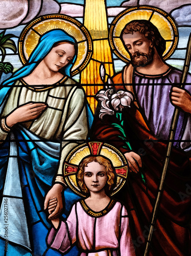 Holy Family, stained glass window in the Parish Church of the Visitation of the Virgin Mary in Zagreb, Croatia 