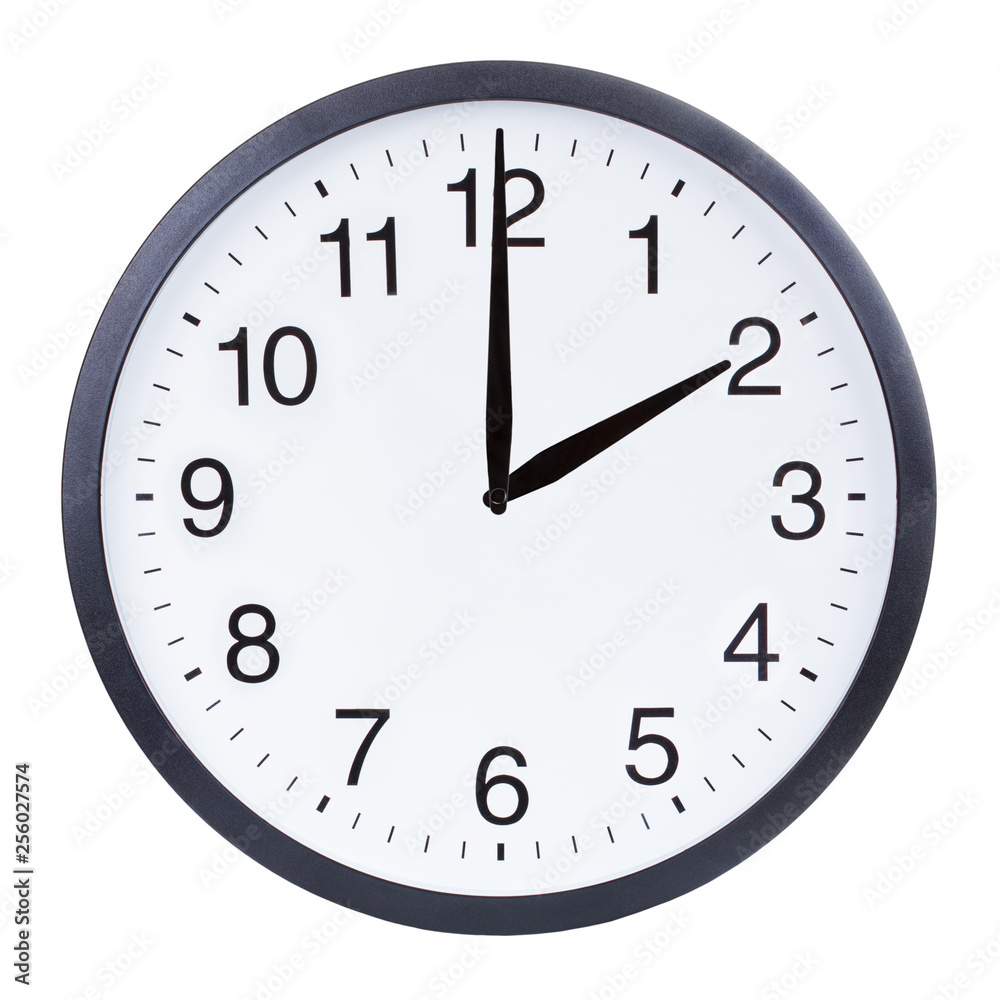 Round office clock showing two o'clock isolated on white background Round office clock showing two o'clock isolated on white background