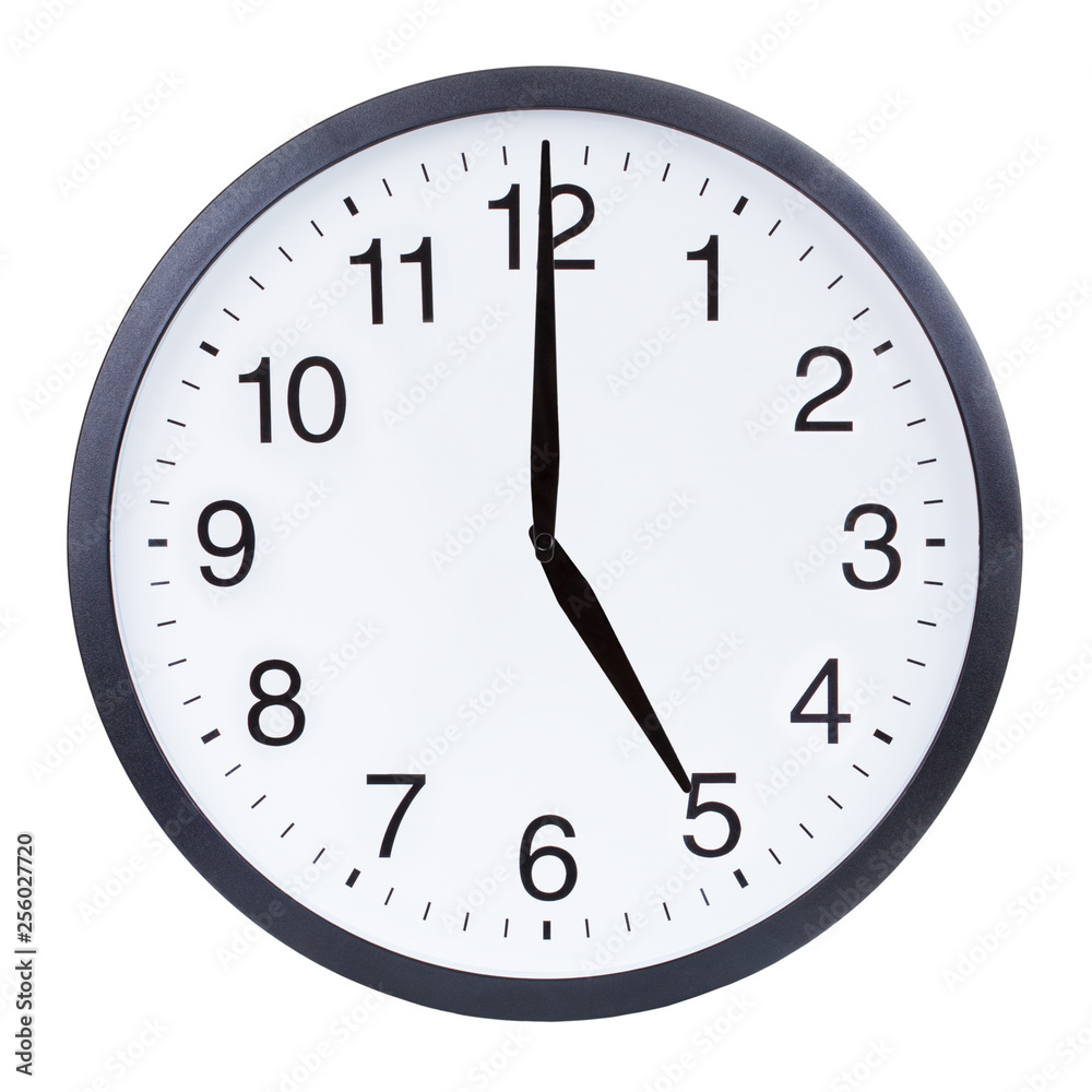 Round office clock showing five o'clock isolated on white background Round office clock showing five o'clock isolated on white background