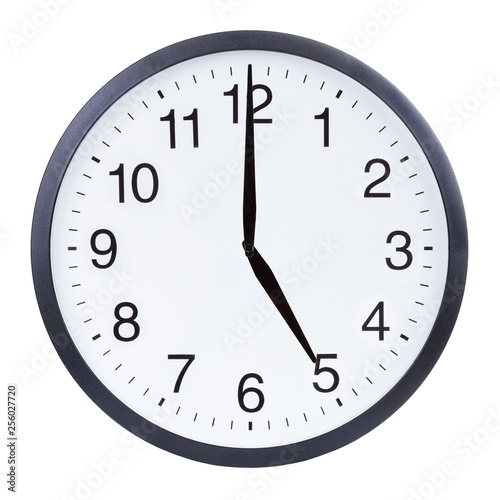 Round office clock showing five o'clock isolated on white background