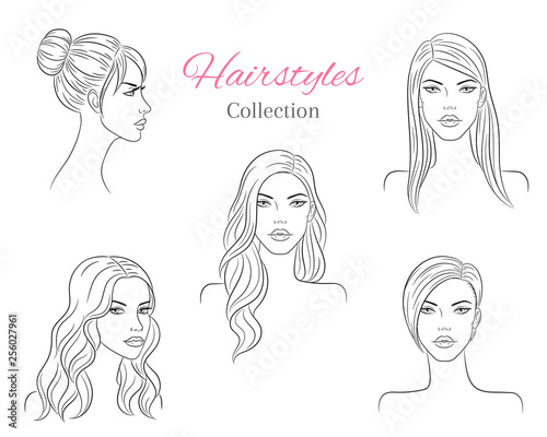 Beautiful young women with fashion trendy hairstyles. vector sketch illustration.