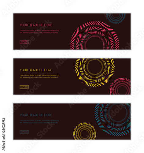 Web banner design template set consisting of abstract, backgrounds of colorful circles made with short, inclined lines. Modern and vibrant vector art. Pink, yellow and blue colors on dark red.