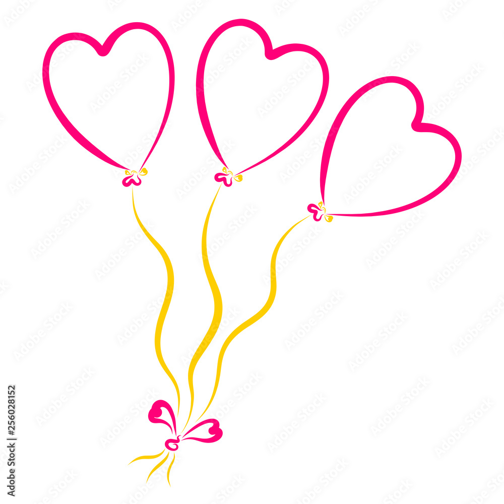 Fotografie three pink heart shaped balloons with threads and a bow