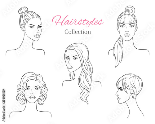 Beautiful young women with fashion trendy hairstyles. vector sketch illustration.