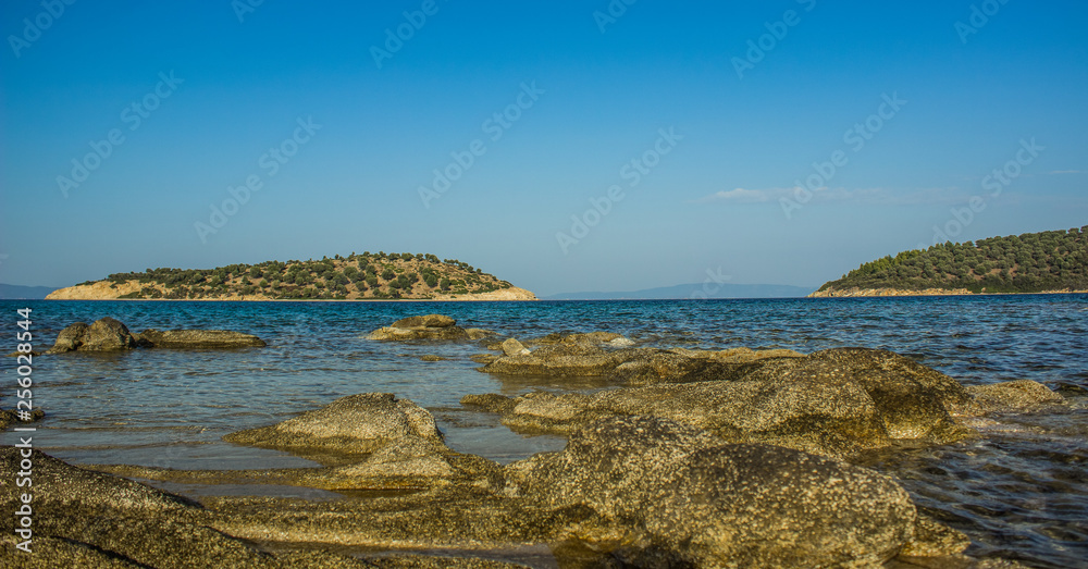 beautiful panorama tropic photography of Red sea island from rocky stone empty shoreline, summer vacation and travel concept
