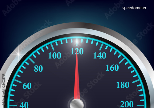 Speedometer. Round black caliber with chrome frame. Bright neon speed indicators. Vector 3d illustration for your design.