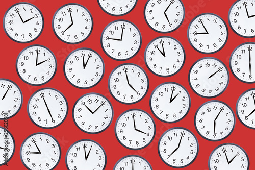 Set of office clocks on red background. Alarm or deadline concept