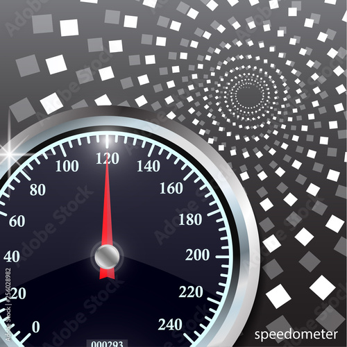 Speedometer on abstract geometric background. Round black caliber with chrome frame.