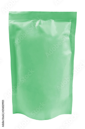Green plastic package pouch isolated on white background