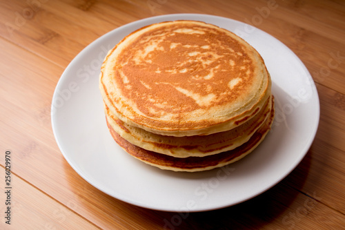Fluffy Pancakes, wooden background
