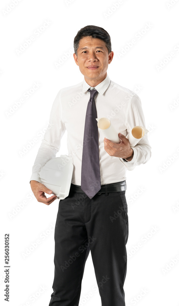 Portait of engineer with white hat blueprint Portait of engineer with white hat blueprint