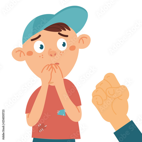 Physical bullying concept. Vector illustration about child abuse, harassment fat and body shaming, racism at school.