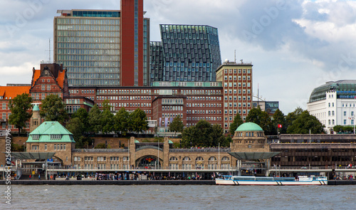 River view of the Elbe with entrance to Elbe tunnel in Hamburg Germany