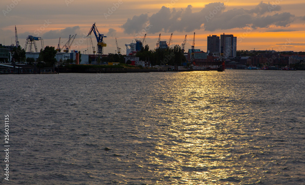 River view of Hamburg during sunset