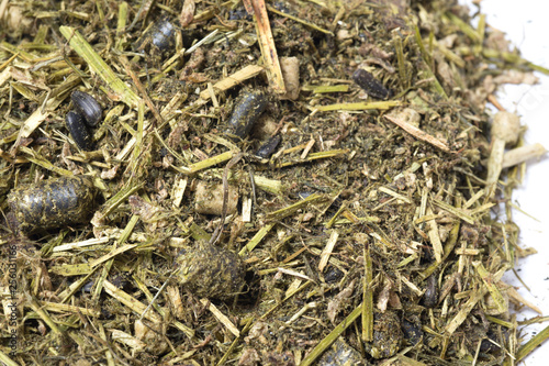  Diet muesli  with herbs background for horse. macro