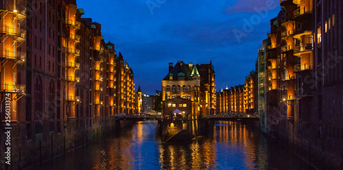 Wasserschloss by Night with dark blue sky in Speicherstadt Hamburg