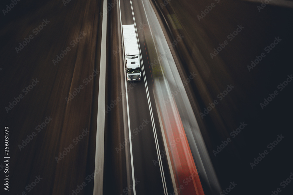White truck tir speed transport goods on highway road street - obrazy, fototapety, plakaty 
