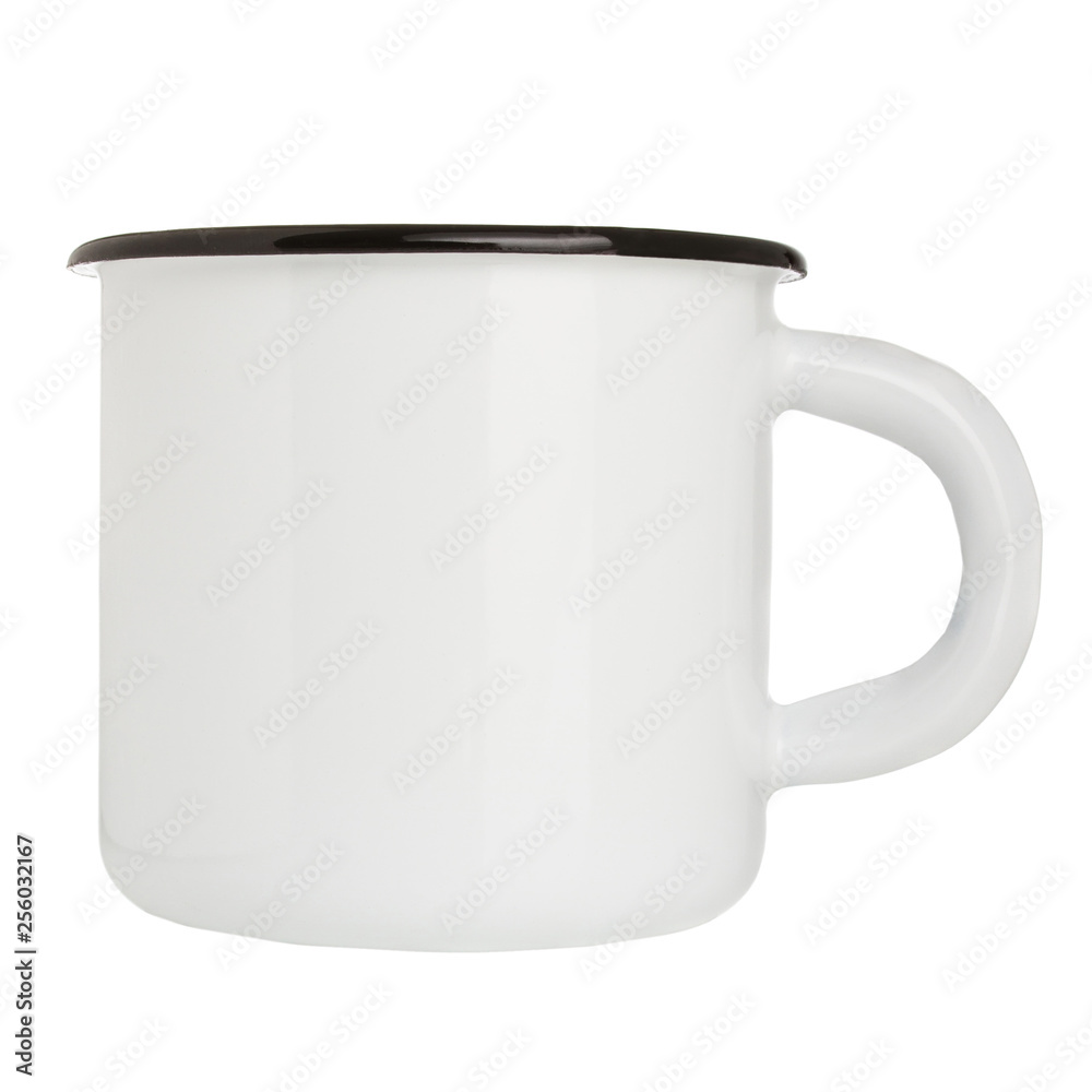 White blank enamel mug isolated on white background White blank enamel mug isolated on white background