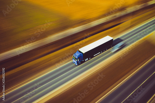 White blue truck speed transport goods highway street motorway