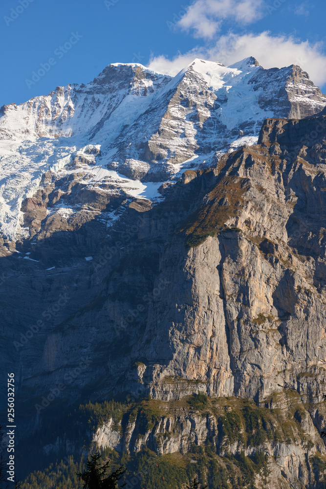 Close view of Jungfrau mountain at sunset from Murren in Switzerland.