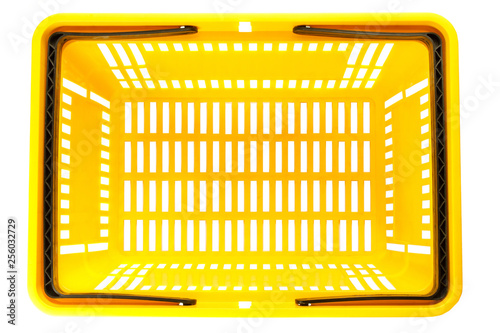 Overhead view of empty plastic shopping basket isolated on white background