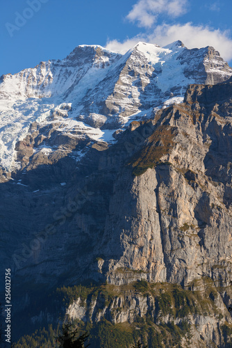 Close view of Jungfrau mountain at sunset from Murren in Switzerland.
