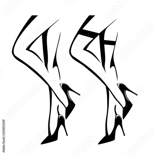 sexy woman legs wearing high heels stiletto shoes and stockings - black and white vector outline