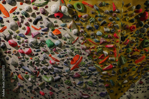 The many grips that are present at a bouldering hall