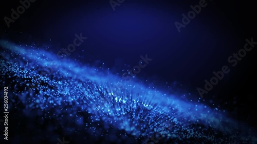 Blue Particles textured abstract particle network, science, technology motion background. Depth of field settings. 