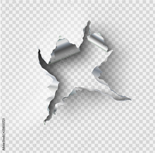 ragged Hole torn in ripped steel metal on transparent